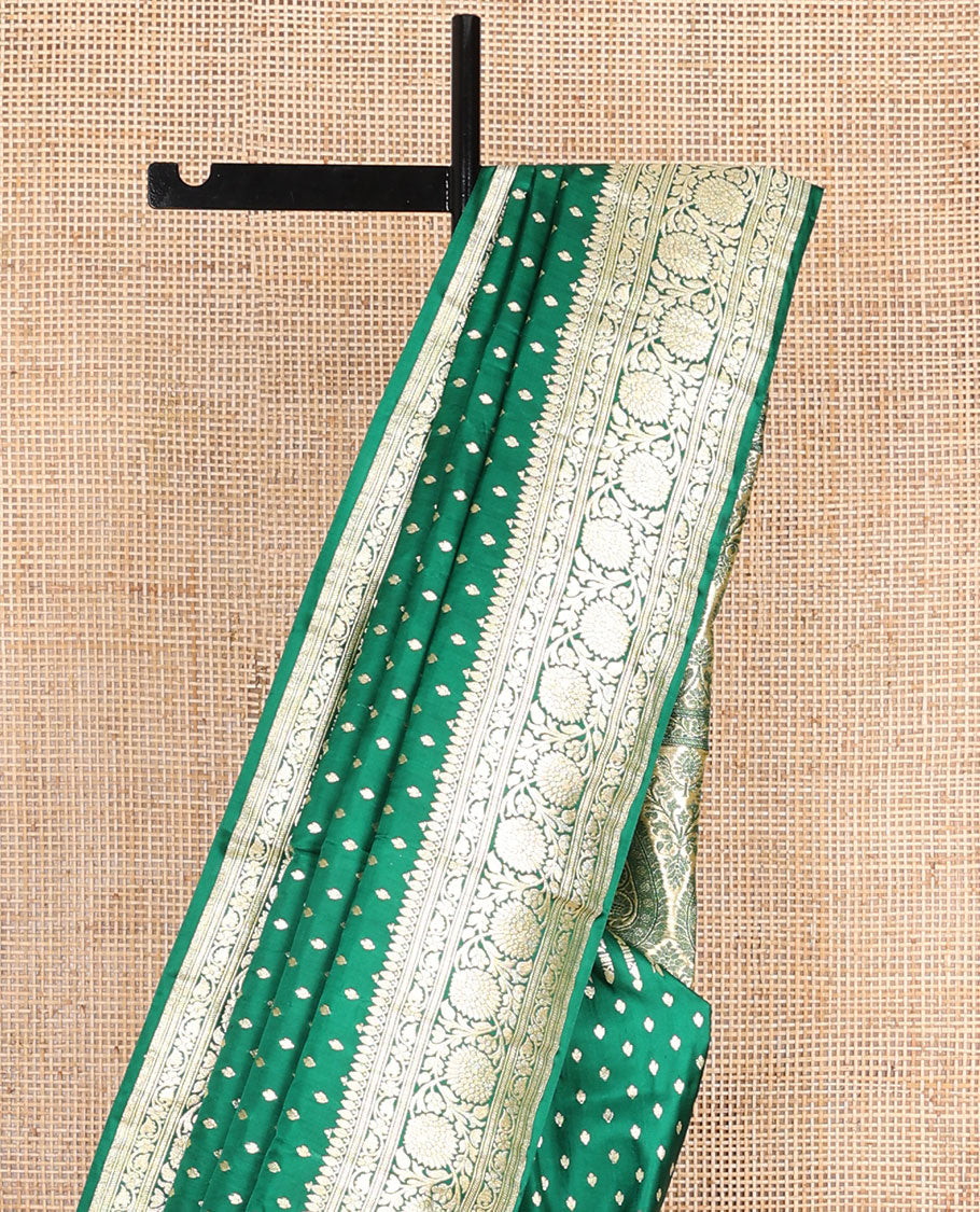 Green banarasi silk saree with zari buttas, zari border of floral creeper designs & zari-rich pallu of intricate floral designs