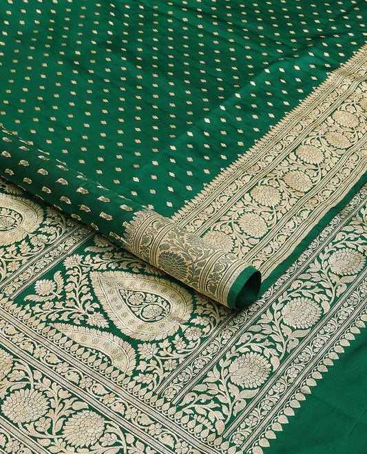 Green banarasi silk saree with zari buttas, zari border of floral creeper designs & zari-rich pallu of intricate floral designs