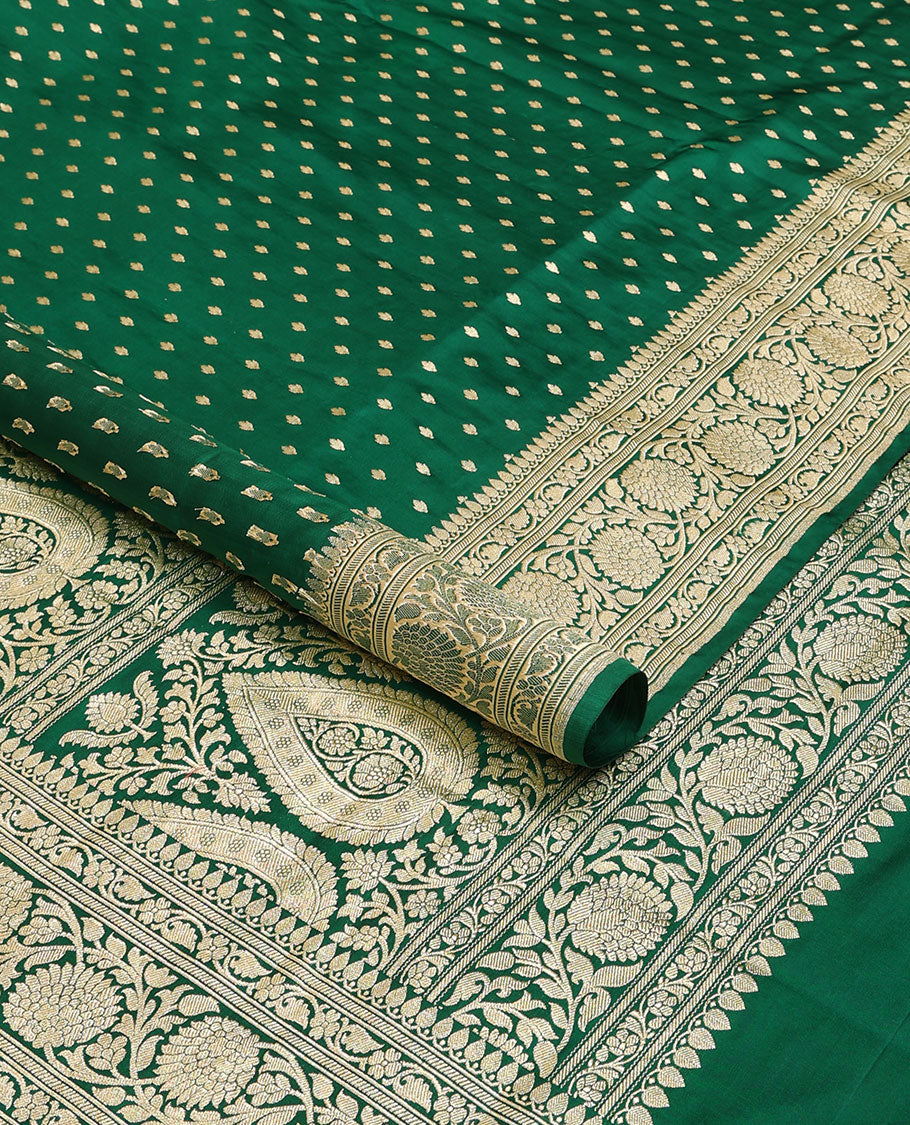 Green banarasi silk saree with zari buttas, zari border of floral creeper designs & zari-rich pallu of intricate floral designs