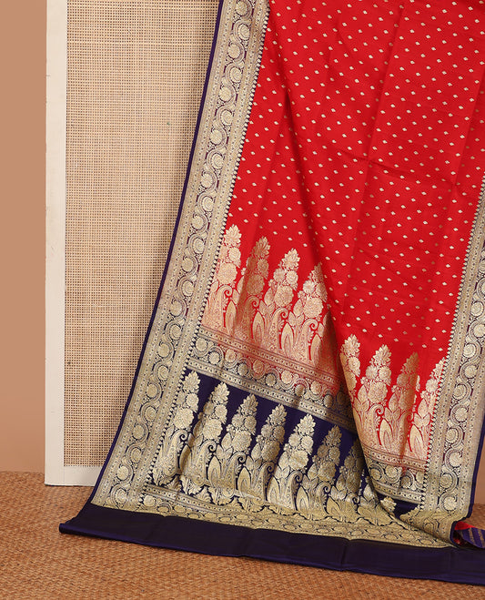 Red zari buttas banarasi silk saree, contrast traditional border of floral creeper design, and floral-paisley zari woven pallu