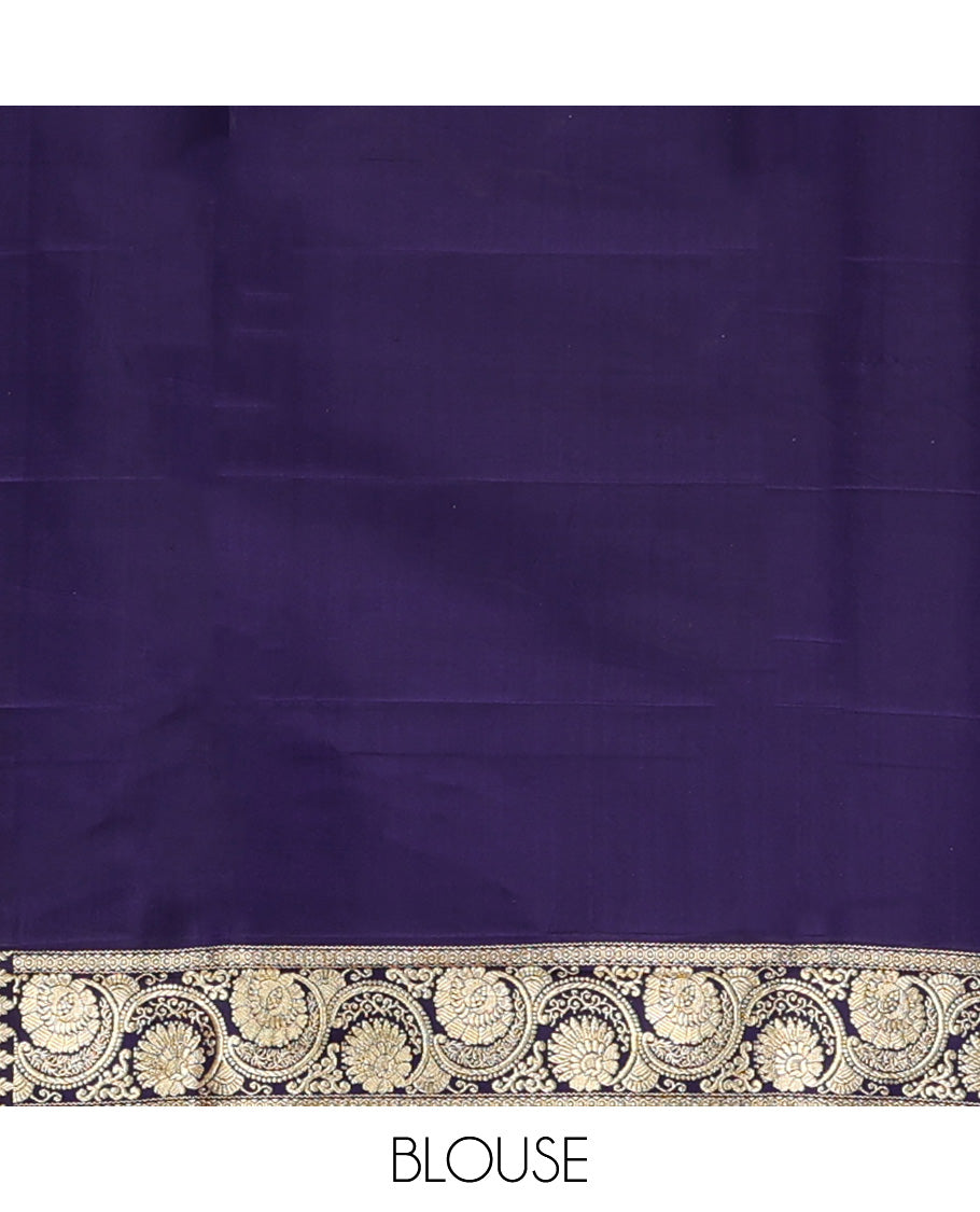 Red zari buttas banarasi silk saree, contrast traditional border of floral creeper design, and floral-paisley zari woven pallu