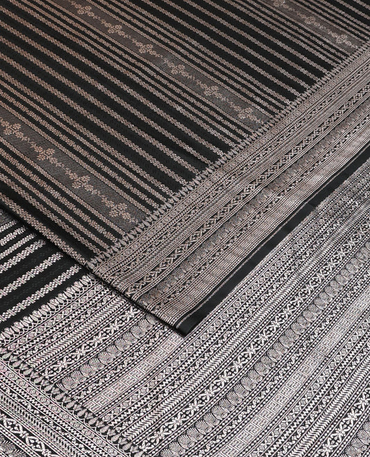 Black geometric jacquard satin silk saree, zari border and pallu steeped with traditional zari designs