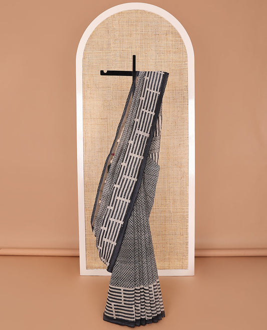 Black geometric design chanderi cotton saree with contrast geometric design, sequins work border & geometric design, sequins work pallu