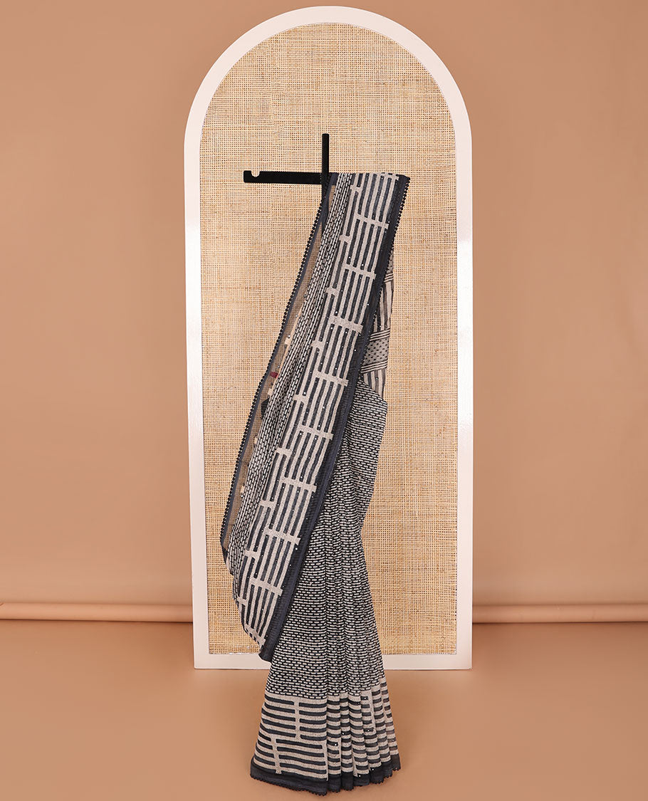 Black geometric design chanderi cotton saree with contrast geometric design, sequins work border & geometric design, sequins work pallu