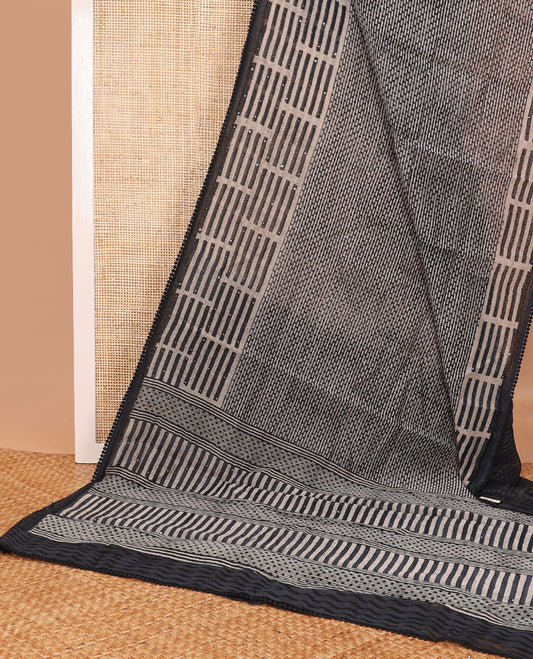 Black geometric design chanderi cotton saree with contrast geometric design, sequins work border & geometric design, sequins work pallu
