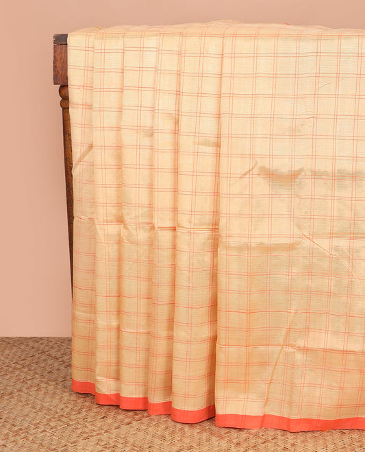 Sandal checked cotton saree, contrast plain border, and striped pallu