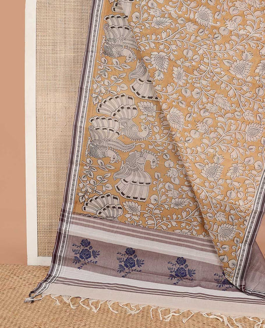 Mustard kalamkari-style floral vine & peacock chirala cotton saree, contrast traditional design border & floral design pallu