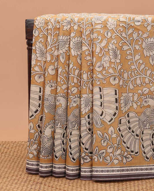Mustard kalamkari-style floral vine & peacock chirala cotton saree, contrast traditional design border & floral design pallu