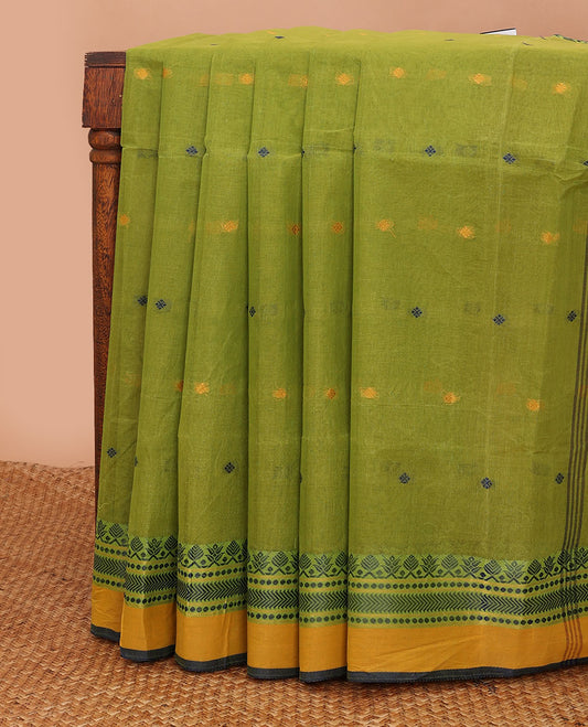 Parrot green buttas Bengal cotton saree, contrast traditional thread border & pallu of stripes & buttas