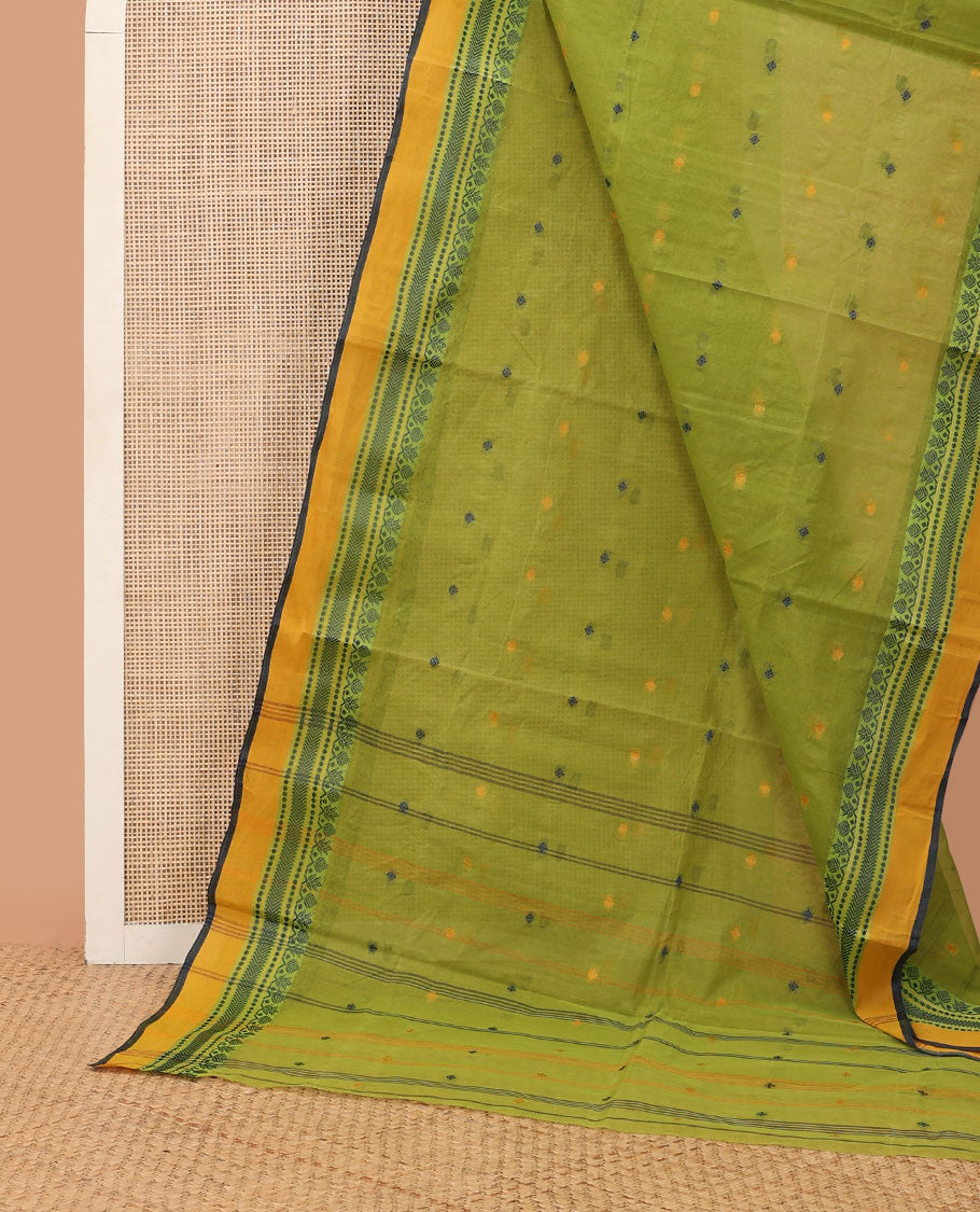 Parrot green buttas Bengal cotton saree, contrast traditional thread border & pallu of stripes & buttas