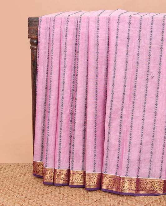 Pink unique designs Kanchi cotton saree, contrast traditional zari border, and scallop design pallu