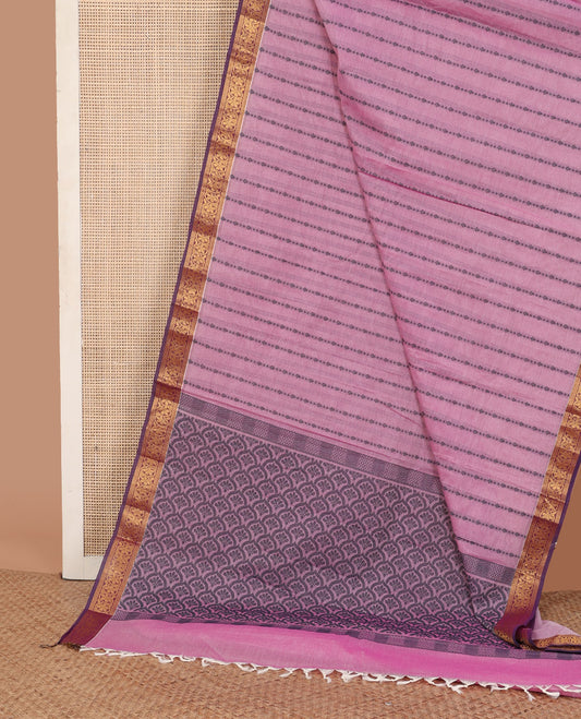 Pink unique designs Kanchi cotton saree, contrast traditional zari border, and scallop design pallu