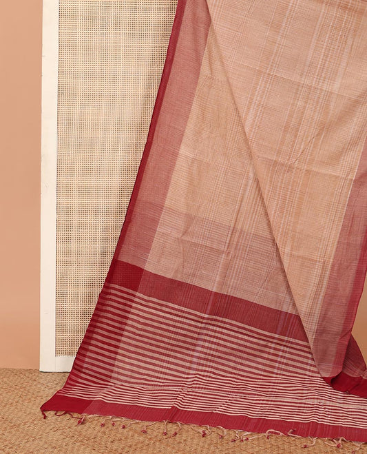 Sandal checked Mangalagiri cotton saree, contrast plain border, and striped pallu