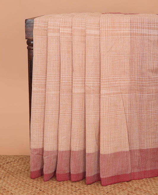 Sandal checked Mangalagiri cotton saree, contrast plain border, and striped pallu