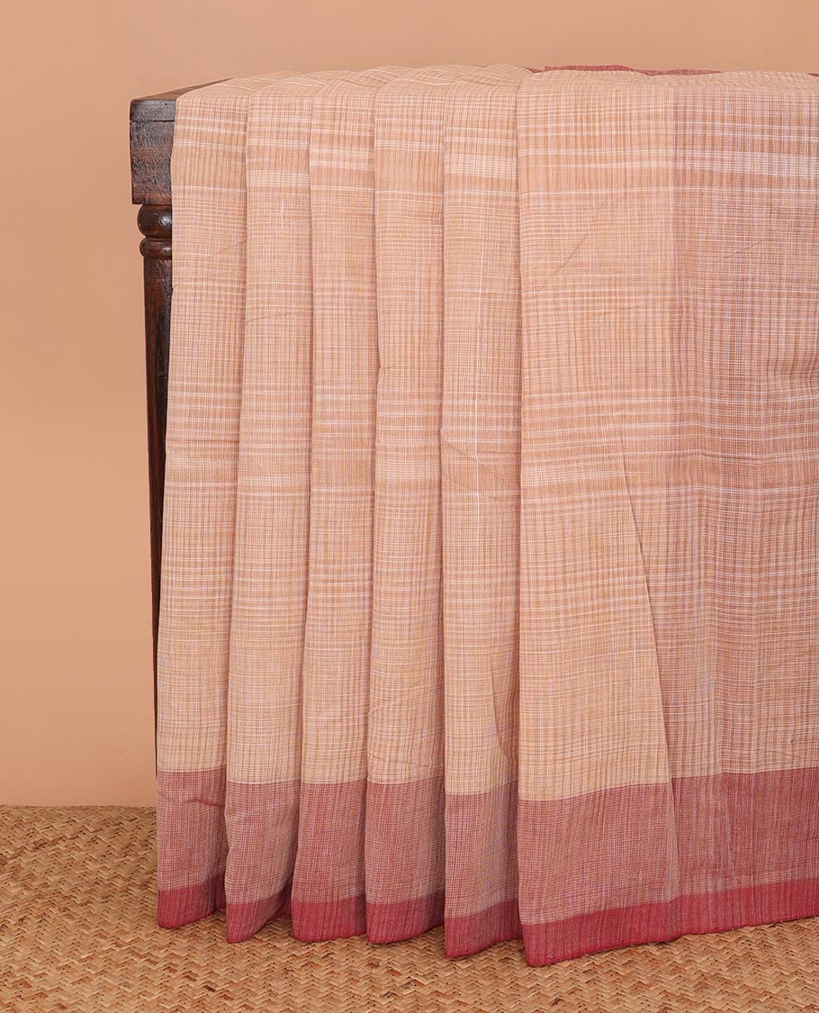 Sandal checked Mangalagiri cotton saree, contrast plain border, and striped pallu