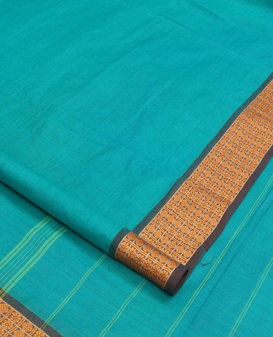 Blue plain nine-yard cotton saree, contrast kamalam and rudraksham border, and striped pallu
