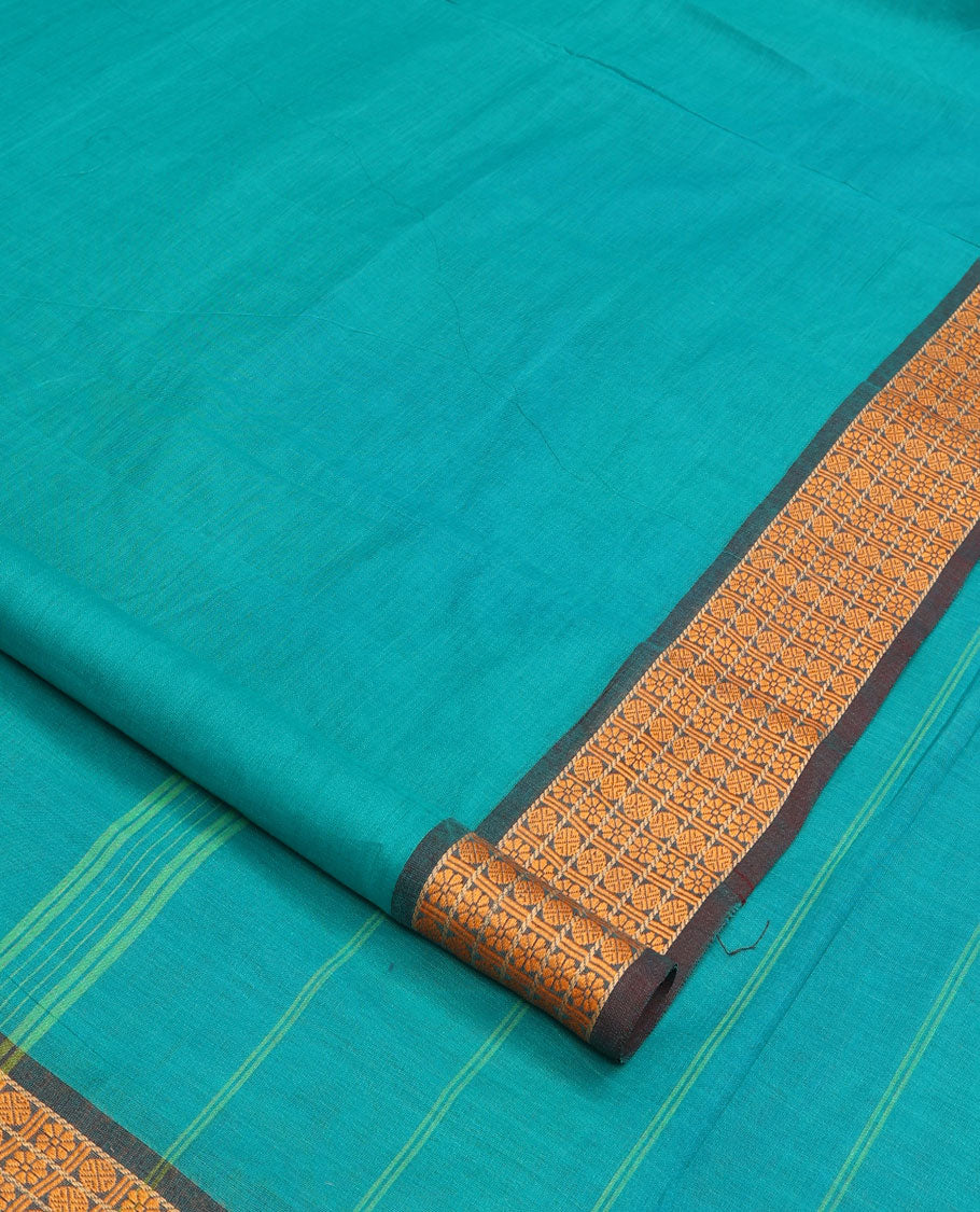 Blue plain nine-yard cotton saree, contrast kamalam and rudraksham border, and striped pallu
