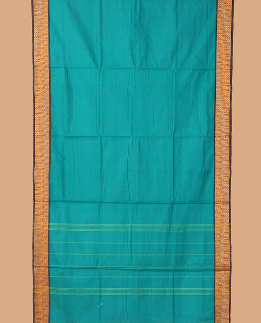Blue plain nine-yard cotton saree, contrast kamalam and rudraksham border, and striped pallu