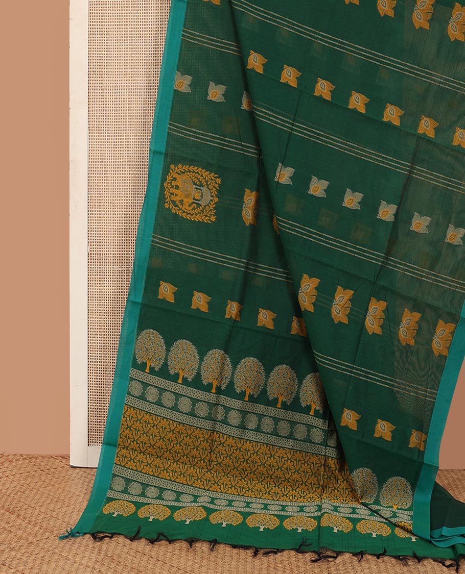Green leaf, stripes, and elephant motifs Kanchi cotton saree, contrast plain border, and pallu of tree, and floral motifs