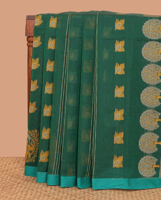 Green leaf, stripes, and elephant motifs Kanchi cotton saree, contrast plain border, and pallu of tree, and floral motifs
