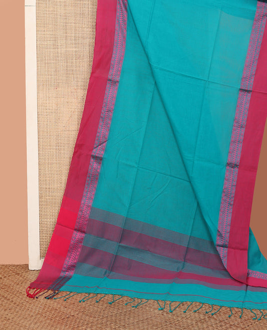 Blue Plain Khadi Cotton Saree, Complemented by a Contrast Traditional Motifs Thread Woven Border, Pallu Depicting Sparse Stripes, and Comes Without a Blouse