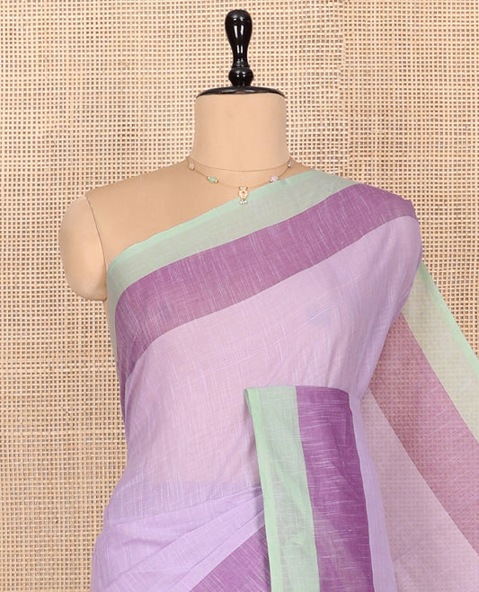 Lavender Plain Andhra Cotton Saree, Complemented by a Contrast Border, Striped Pallu, and a Matching Blouse