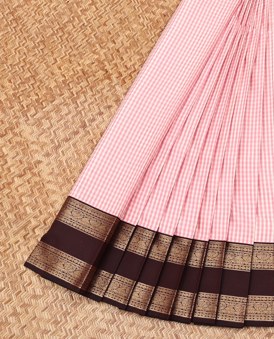 Off-White-Pink Checked Budget SilkSaree, Contrast Rettai Pettu Border, Contrast Blouse