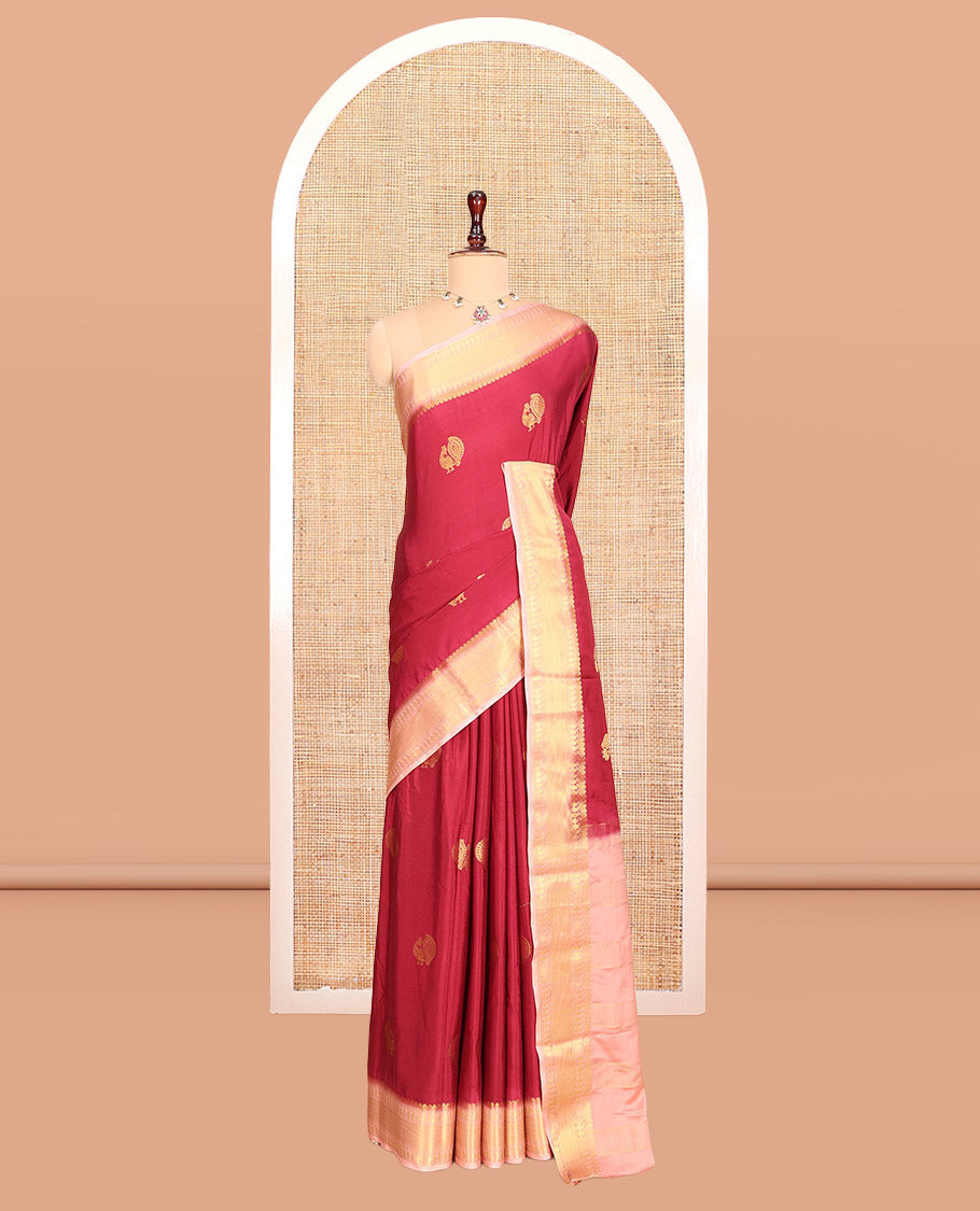Maroon Peacock Buttas Fancy Mysore Silk Saree, Contrast Traditional Border, Contrast Blouse