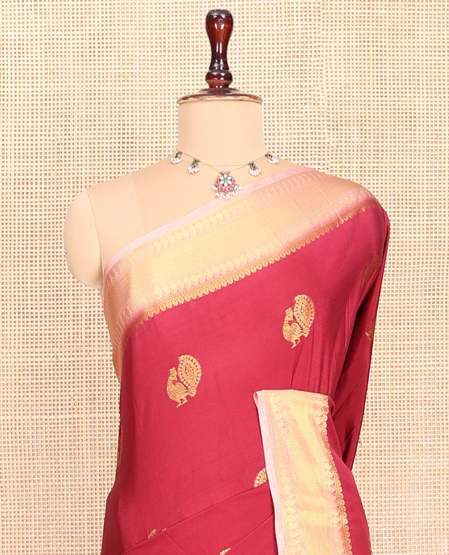 Maroon Peacock Buttas Fancy Mysore Silk Saree, Contrast Traditional Border, Contrast Blouse