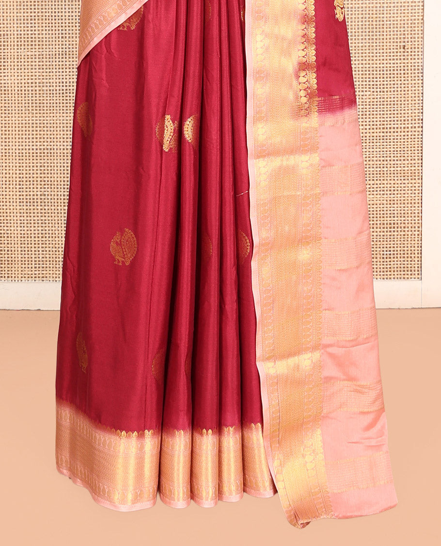 Maroon Peacock Buttas Fancy Mysore Silk Saree, Contrast Traditional Border, Contrast Blouse