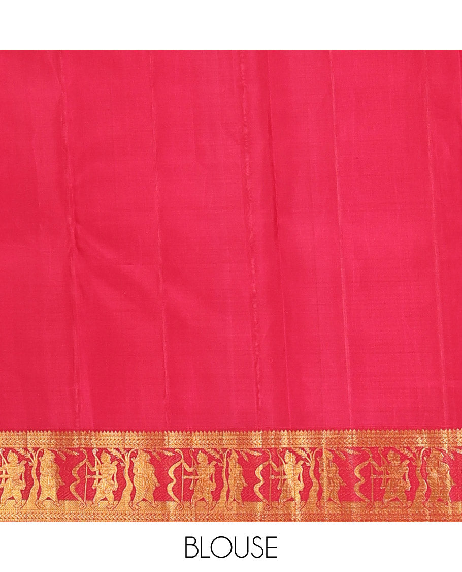 Royal blue chakram buttas Kanchipuram silk saree, contrast border of thilakam mokku,kathir, and Mythological characters, and pallu of Mythological motifs