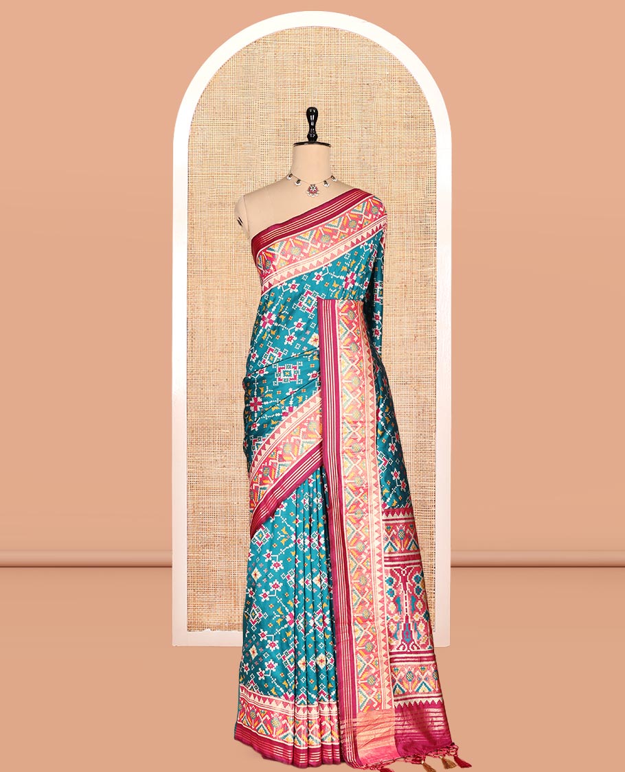 Peacock Green Intricate Motif Semi-Patan Patola Saree, Contrast Patola Tissue Border, and a Contrast Blouse