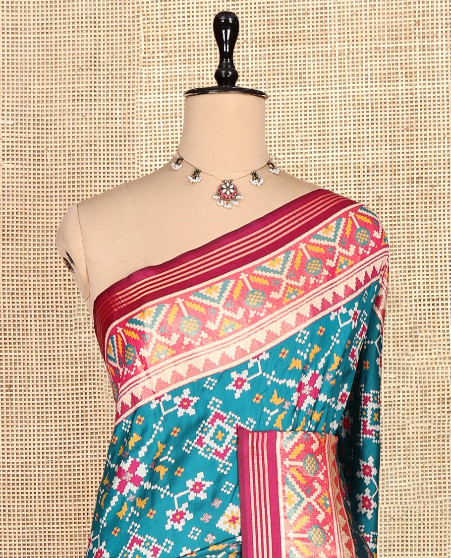 Peacock Green Intricate Motif Semi-Patan Patola Saree, Contrast Patola Tissue Border, and a Contrast Blouse