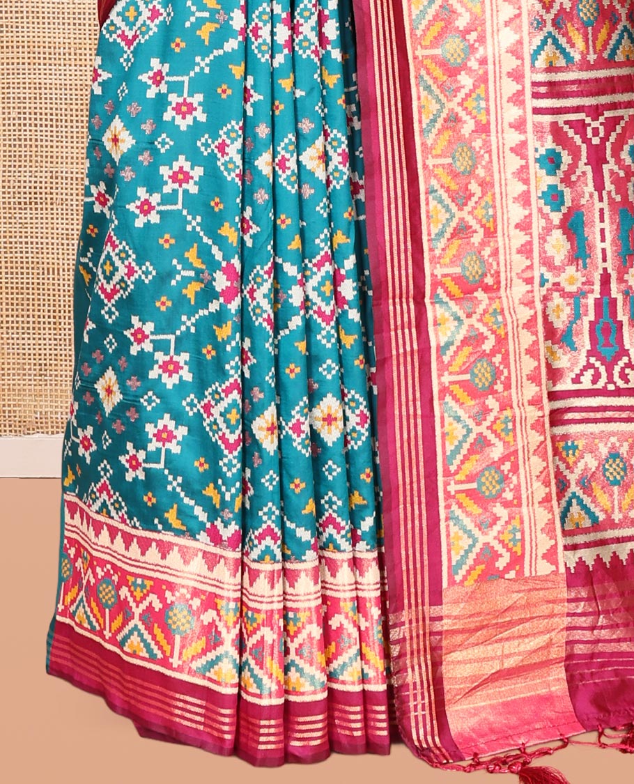 Peacock Green Intricate Motif Semi-Patan Patola Saree, Contrast Patola Tissue Border, and a Contrast Blouse