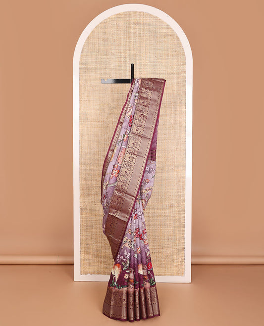 Purple floral & fauna printed with sequin embroidered dola silk saree, contrast traditional zari design border & zari striped pallu