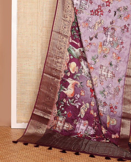 Purple floral & fauna printed with sequin embroidered dola silk saree, contrast traditional zari design border & zari striped pallu