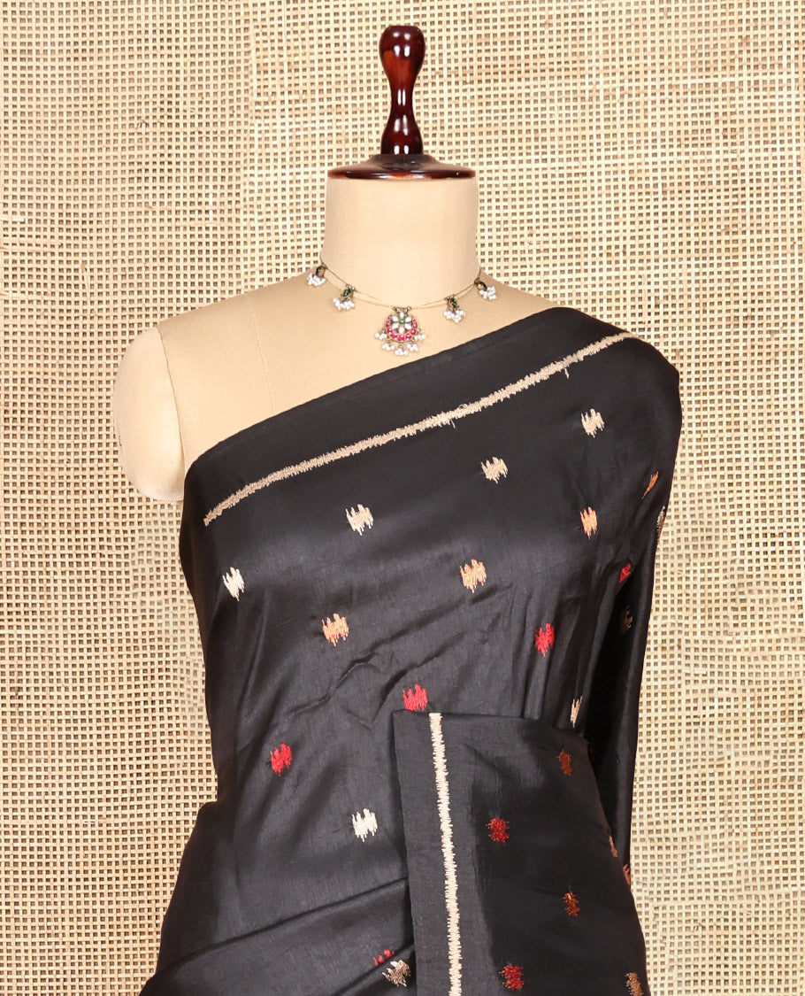 Black Matka Silk Saree Features Thread Buttas, a Self-Border, Pichwai Cow Pallu, Matching Blouse