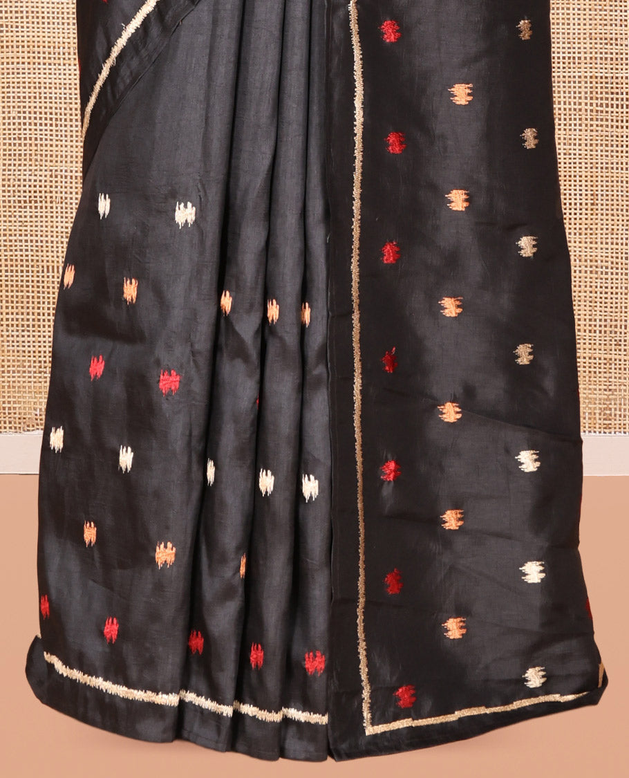 Black Matka Silk Saree Features Thread Buttas, a Self-Border, Pichwai Cow Pallu, Matching Blouse