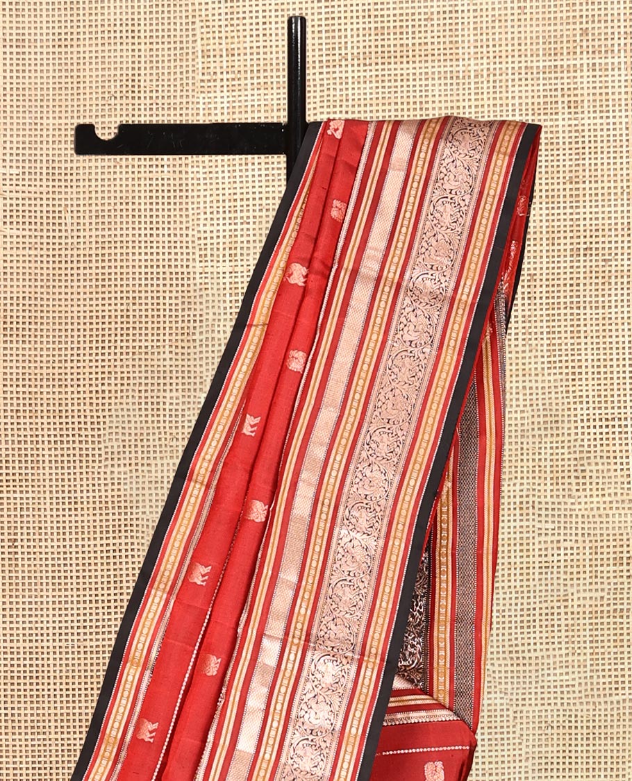 Maroon Striped-Mayil Buttas Vasundhara Silksaree, Contrast Border of Mayil Kann,Mayil, and Yaali, Jaal Pallu, and a Contrast Blouse