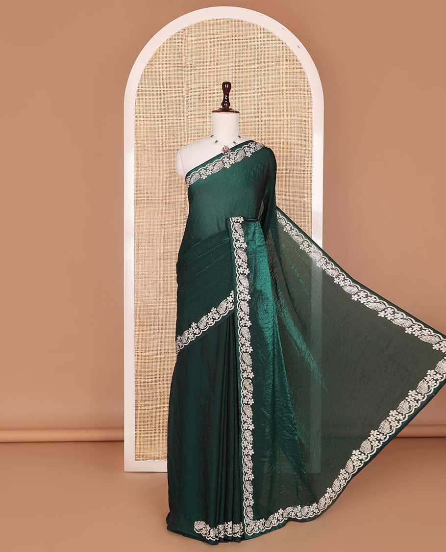 Deep forest green micro stone embedded designer saree, scallop Crystal stones border of floral and leaf motifs