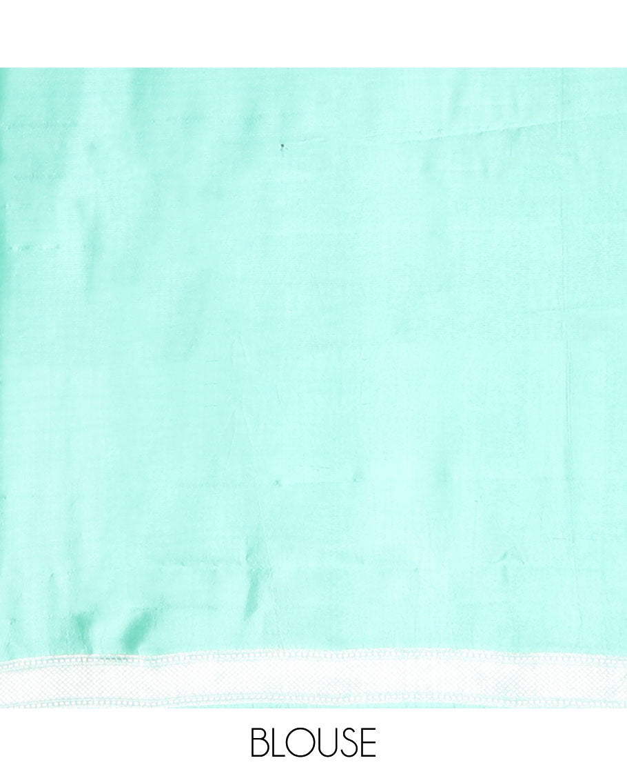 Blue raw mango silk saree with floral zari buttas, contrast border of meenakari zari floral designs & jaal pallu
