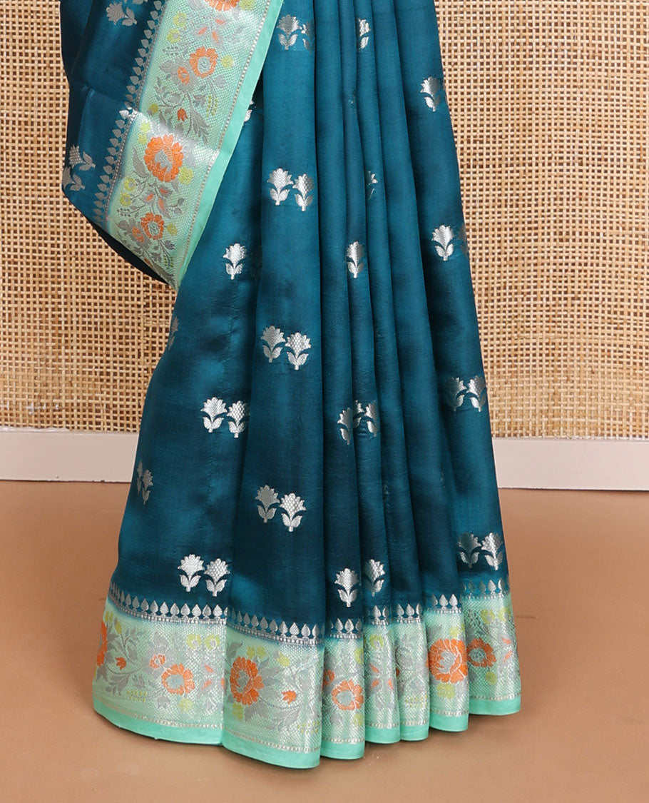 Blue raw mango silk saree with floral zari buttas, contrast border of meenakari zari floral designs & jaal pallu