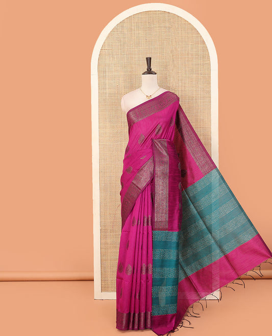 Pink zari buttas art dupion saree, traditional zari border, and contrast sequins striped pallu