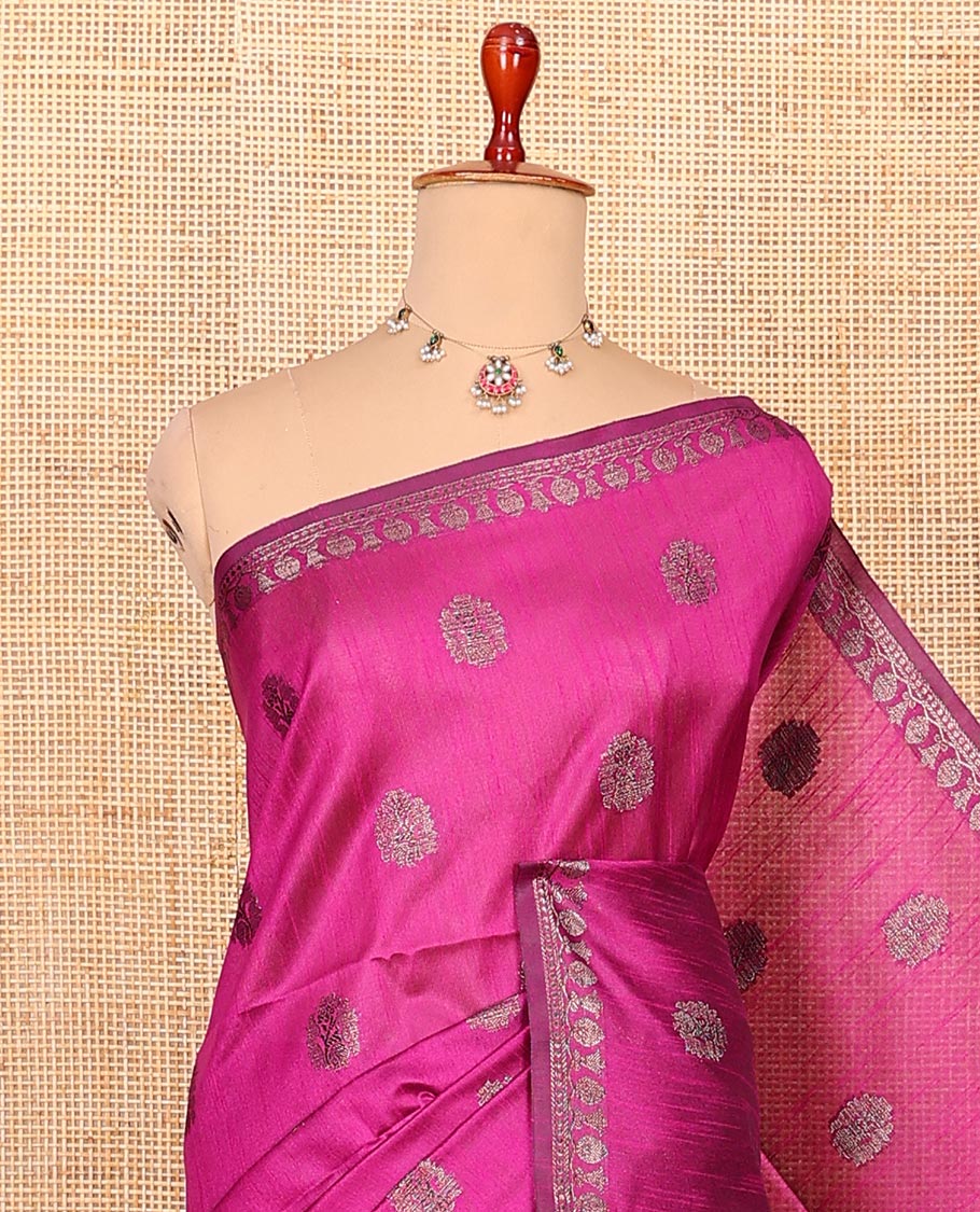 Rani Pink Semi-Dupion Saree Accentuated with Buttas All Over Its Body, Complemented by Subtle Self-Border, Contrast Pallu Featuring Sequin Stripes, and Paired with a Contrast Blouse