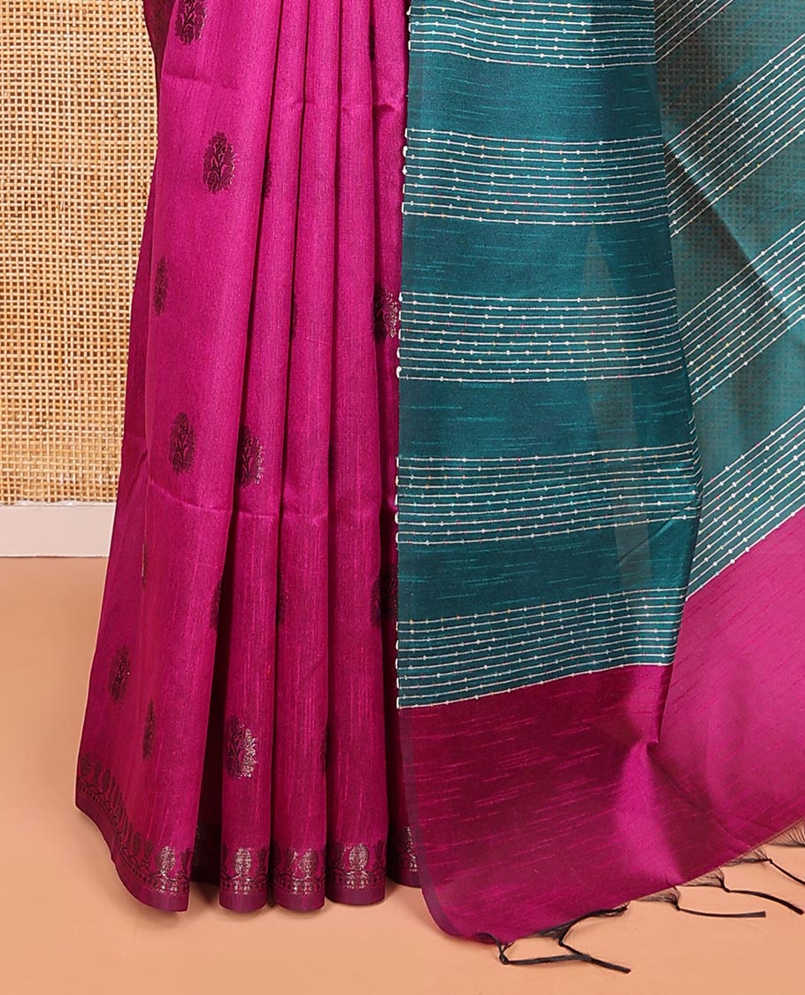 Rani Pink Semi-Dupion Saree Accentuated with Buttas All Over Its Body, Complemented by Subtle Self-Border, Contrast Pallu Featuring Sequin Stripes, and Paired with a Contrast Blouse
