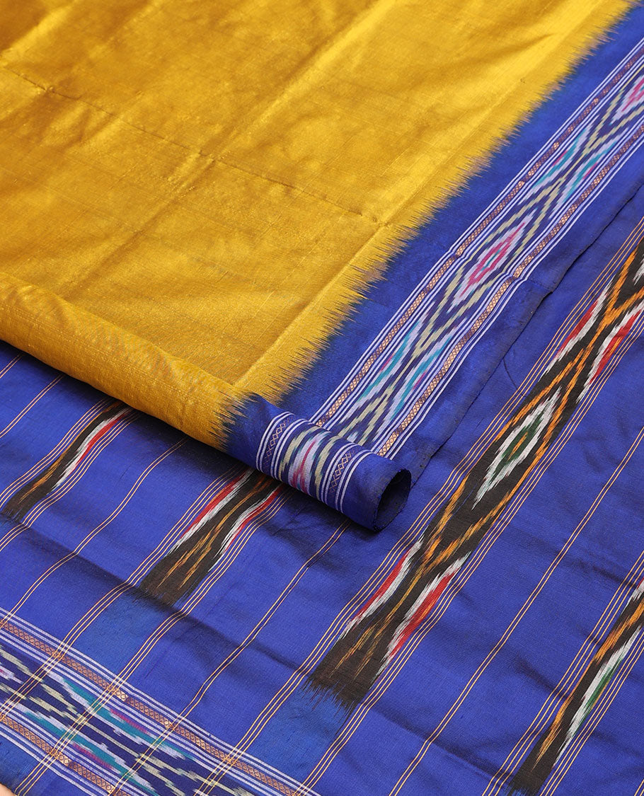 Yellow plain design ikkat saree, contrast ikkat border & pallu of stripes & ikkat designs