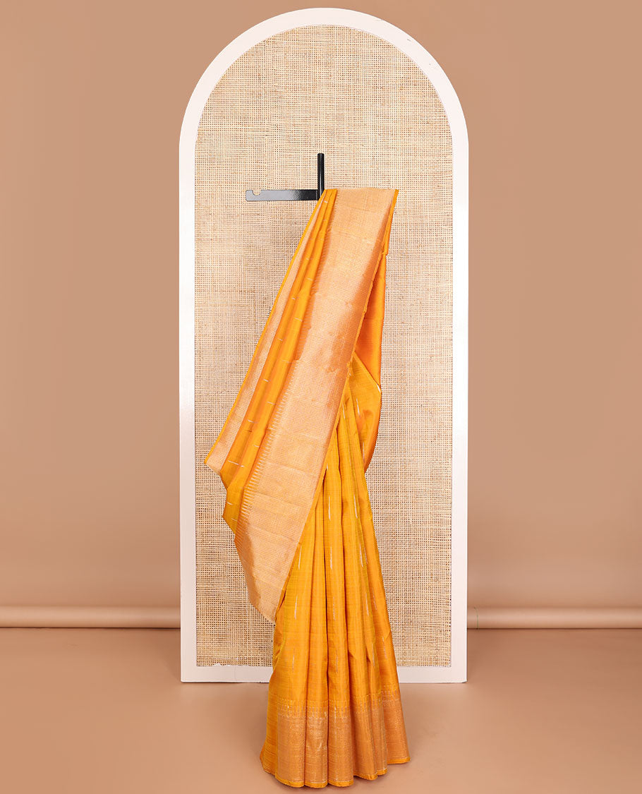 Orange malli mokku kancheepuram silk saree, thazampoo rekku zari border & zari-rich striped pallu