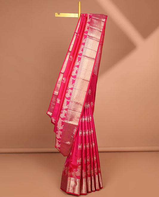 Red animal buttas kanchipuram designer silk saree with self border of sombu, paun, mayil, banaras, mayil kann design & zari design pallu