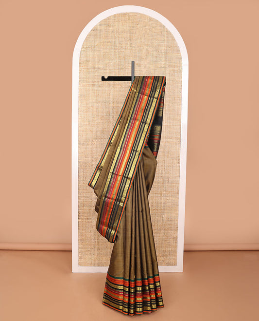 Brown buttas kancheepuram silk saree with contrast intricate zari design border & floral design pallu