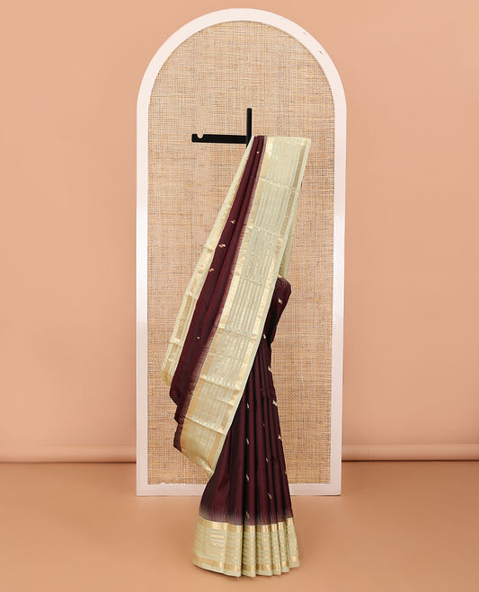 Maroon zari buttas silk saree, contrast border of rekku,banaras,cross kamalam & diamond & jaal pallu